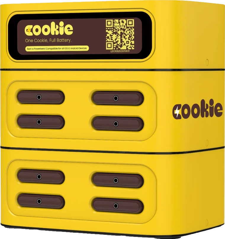 Stasiun Cookie berwarna kuning dengan delapan slot powerbank / Yellow Cookie station with eight powerbank slots